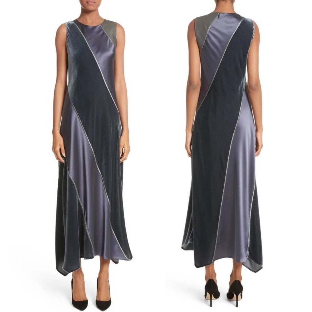 LAFAYETTE 148 Blue Maxi Dress‎ Madelia Velvet Satin Bias Stripes sz Med Tank
